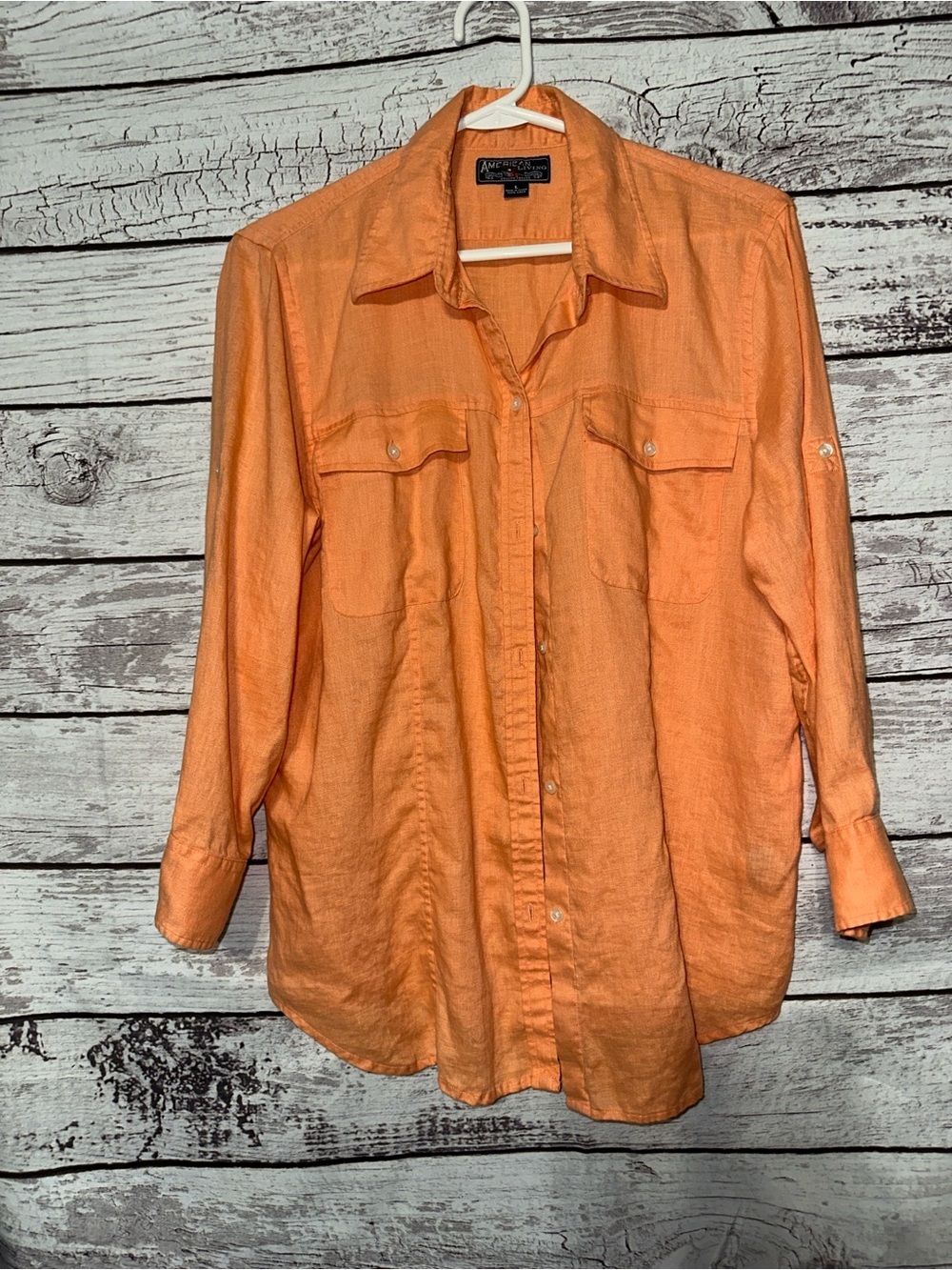 American Living Peach-Orange Linen Button-Up Shirt